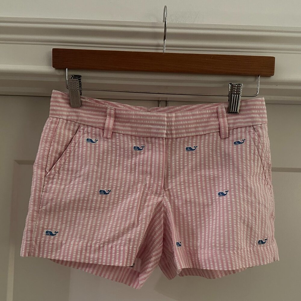 VINEYARD VINES Girls Pink Seersucker Shorts w/ Blue Embroidered Whales – Size 12